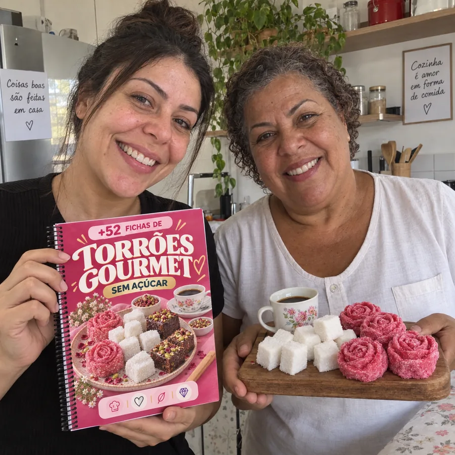 Duas mulheres mostrando o caderno e torrões em casa — imagem ilustrativa